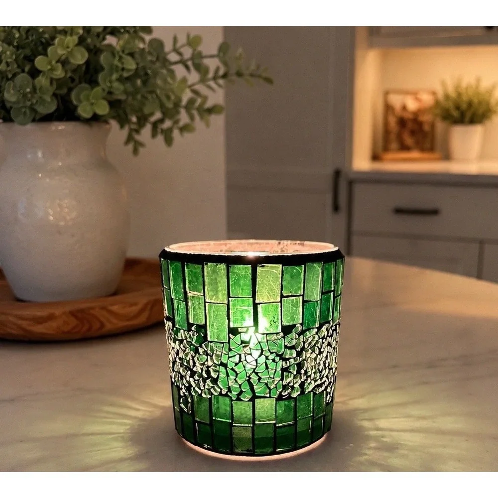 Vintage Green Mosaic Glass Candle Holder